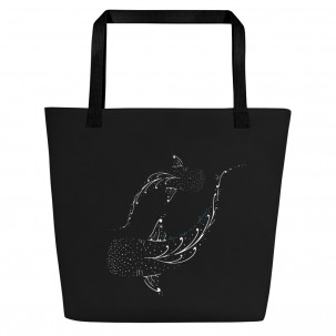 Tote bag large avec poche noir requins baleines