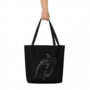 Tote bag large avec poche noir requins baleines