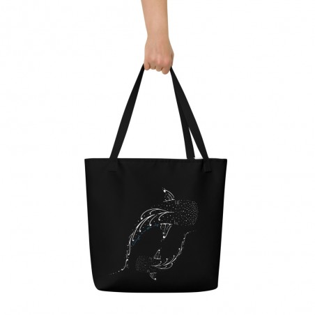 Bolso tote grande con bolsillo tiburón ballena negro